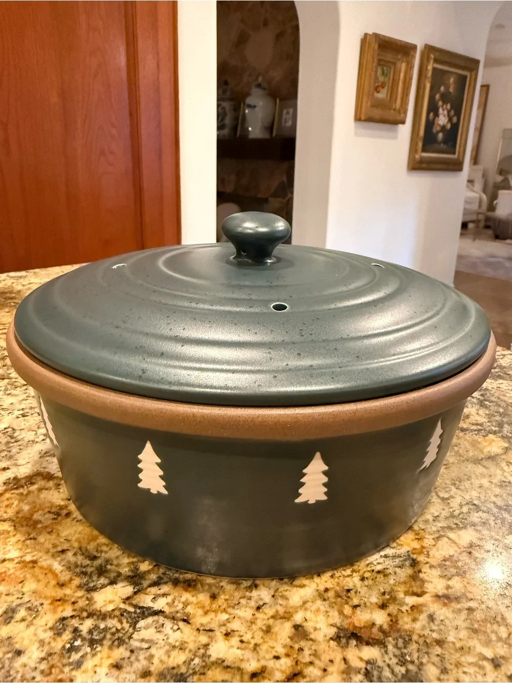 Green Ceramic Pancake Dish with Tree Motif
